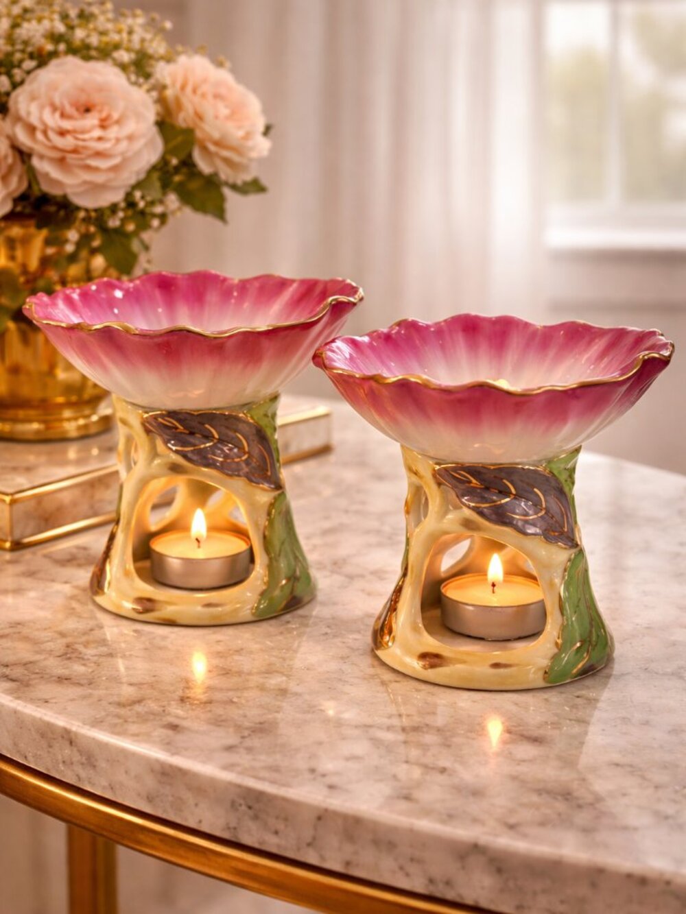 Hand Painted Floral Glazed Ceramic Wax Melt Warmers Set 2 Pink Gold New - Picture 7 of 8